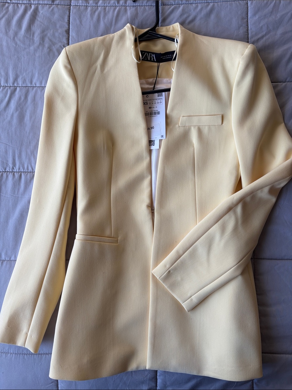 Zara Pale Yellow Collarless Tailored Blazer